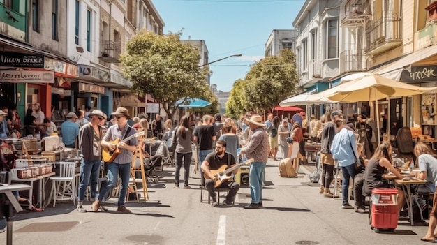 A crowd of people playing music on a street in san francisco