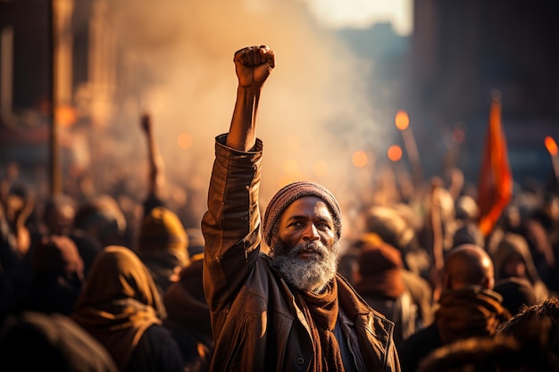 crowd of people raising arms