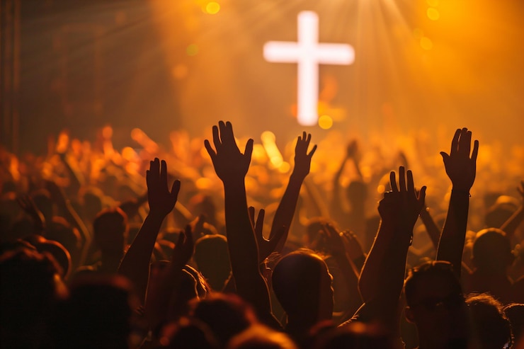 Photo a crowd of people raising their hands in front of a cross