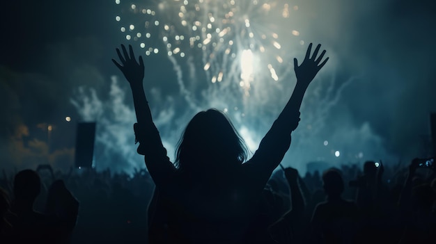 Толпа людей поднимает руки перед впечатляющим фейерверком празднование в толпе атмосфера наполнена дымом и светом, создавая эфирный эффект