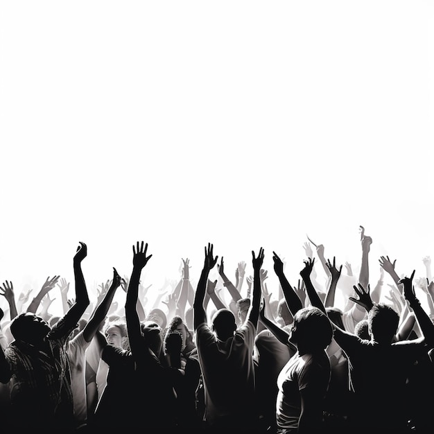 crowd of people raising their hands in front of a white background generative ai