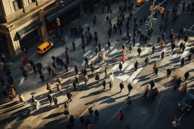 Photo crowd people in rush hour on a cross street generative ai