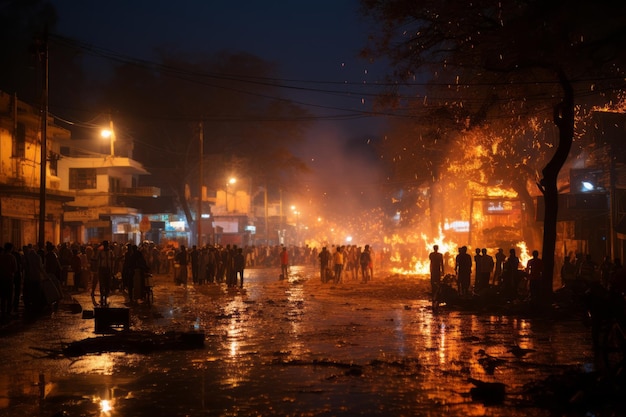 a crowd of people standing around a fire in the street at night