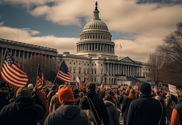 Crowd of People Standing in Front of Capitol Building