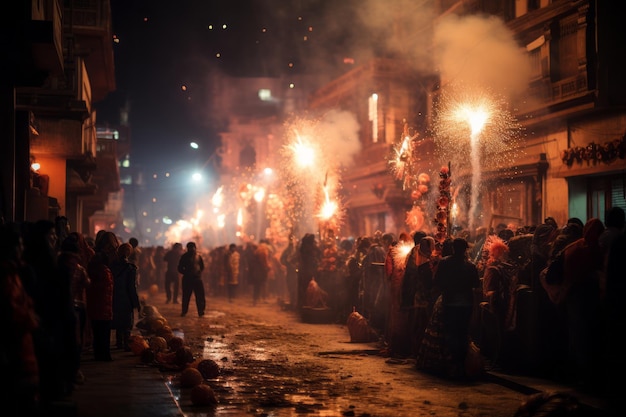 a crowd of people on a street at night with fireworks