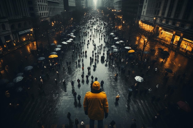 雨の日に通りを歩く人々の群衆