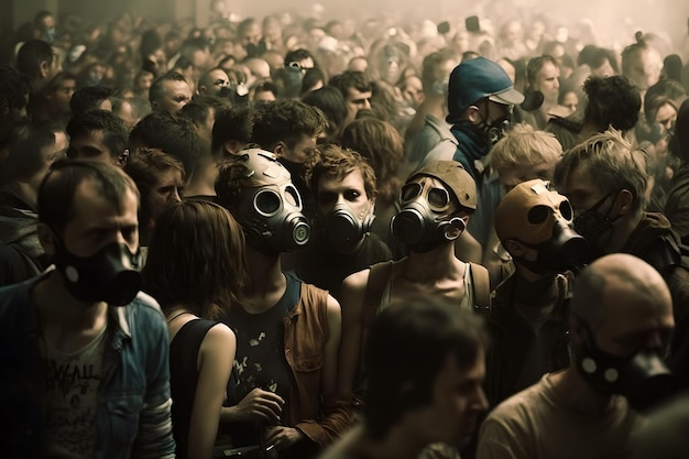 Crowd of people in uniform and gas mask Concept of radiation and virus environmental pollution Neural network AI generated