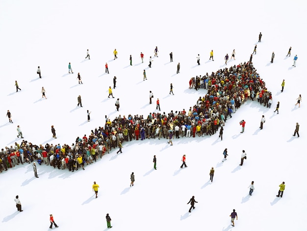 Crowd of people united forming a growing arrow