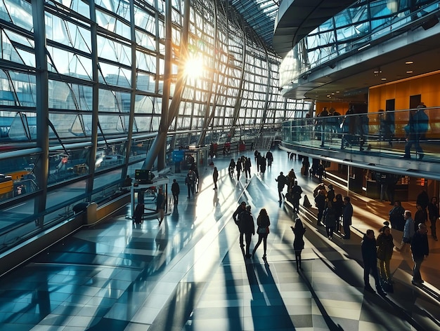 Crowd of people walk fast motion blur a dynamic show in airport