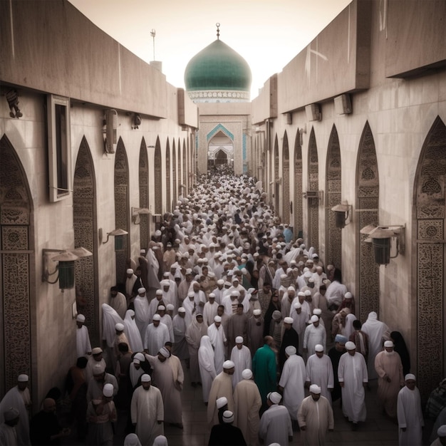 A Crowd of People Walk Through a Mosque in Saudi