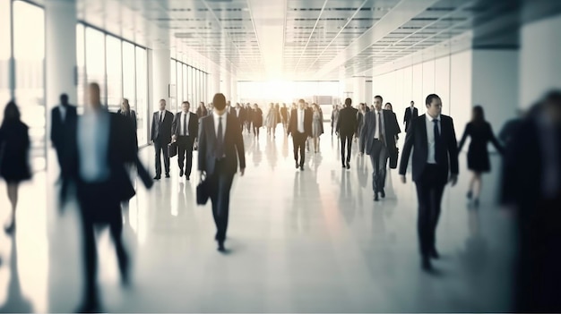 A crowd of people walking in a building with the word'business'on the bottom left