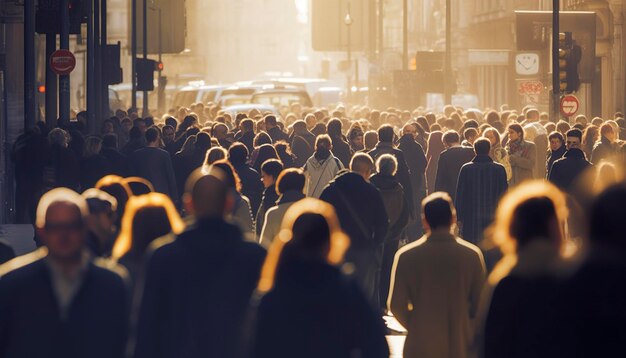 Crowd of people walking busy city street backlit Generative AI