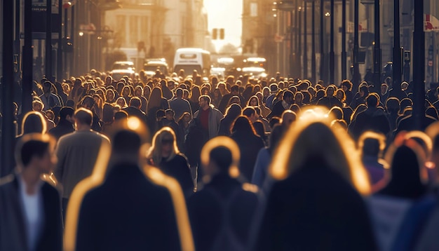 Толпа людей, идущих по оживленной городской улице с подсветкой Генеративный ИИ