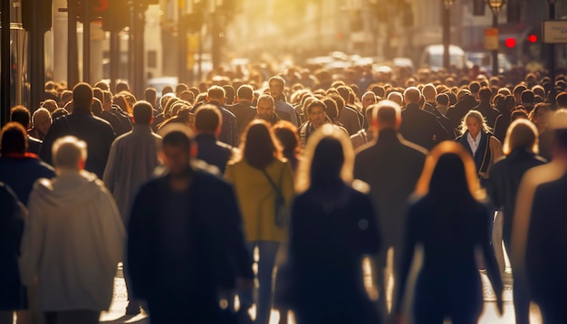 Foto folla di persone che camminano in una strada trafficata della città ai generativa retroilluminata