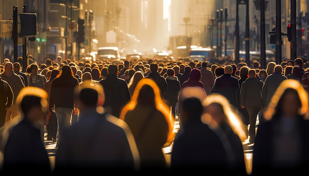 Crowd of people walking busy city street backlit Generative AI