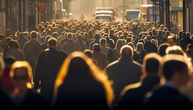 Foto folla di persone che camminano su una strada trafficata della città retroilluminata generative ai