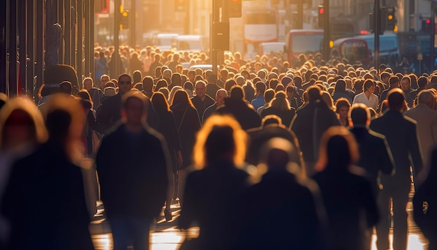 Crowd of people walking busy city street backlit Generative AI