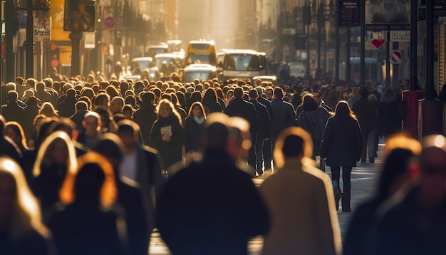 Photo crowd of people walking busy city street backlit generative ai