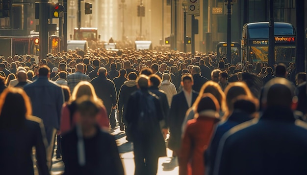 Crowd of people walking busy city street backlit Generative AI