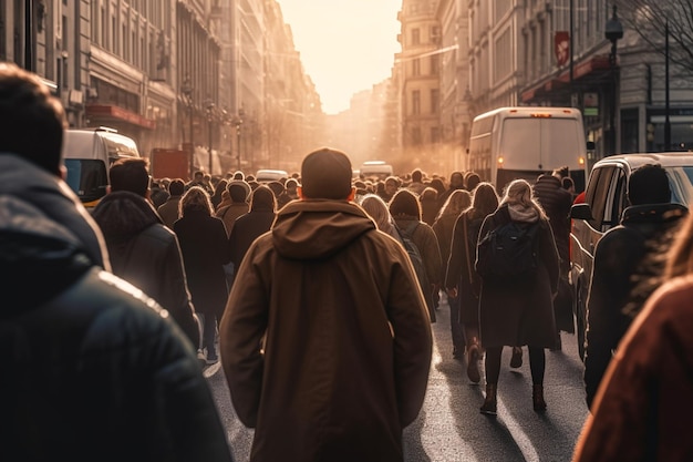 Crowd of people walking in a busy road with Generative AI