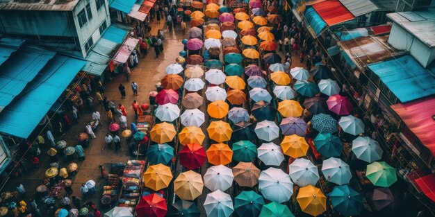 A crowd of people walking down a street holding umbrellas generative ai image