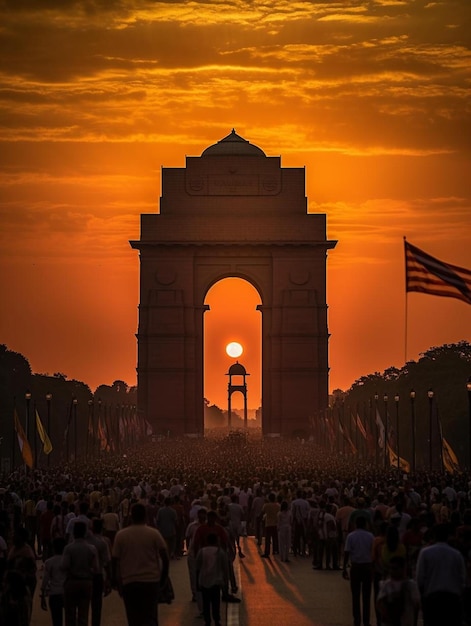 A crowd of people walking down a street at sunset