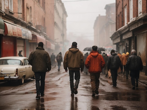 Crowd of people walking in a foggy winter day