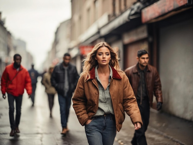 Photo crowd of people walking in a foggy winter day