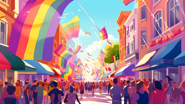 A crowd of people walking in a street with a rainbow flag banner above them.