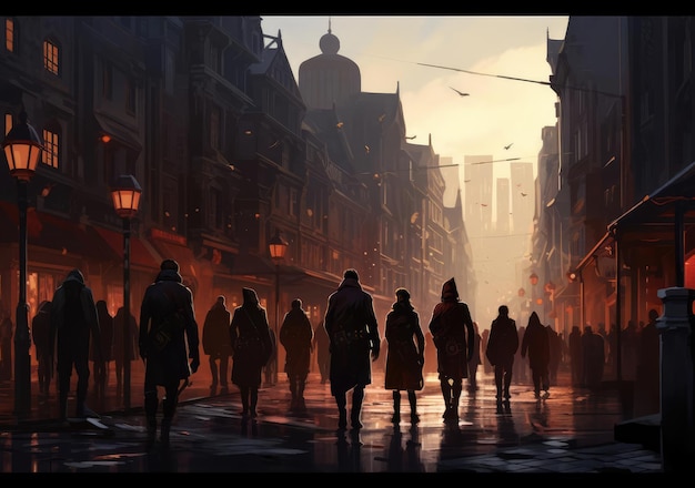 A crowd of people walks down the streets