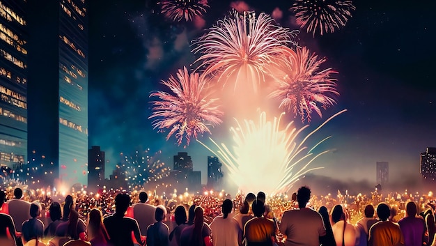 Толпа людей смотрит фейерверки, показывающие в темном вечернем небе и празднуют праздник против