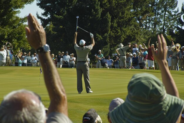 Foto una folla di persone che guarda un uomo che gioca a golf