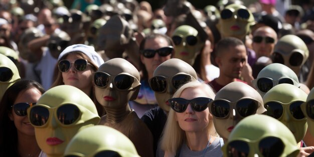 A crowd of people wearing alien masks