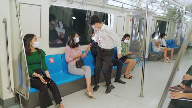 Crowd of people wearing face masks