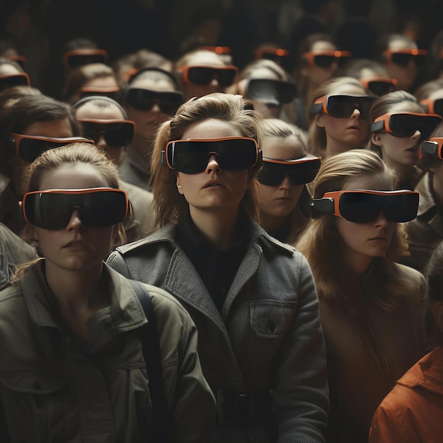 A crowd of people wearing virtual glasses