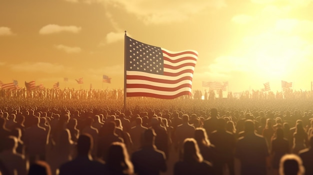 A crowd of people with an american flag in the foreground