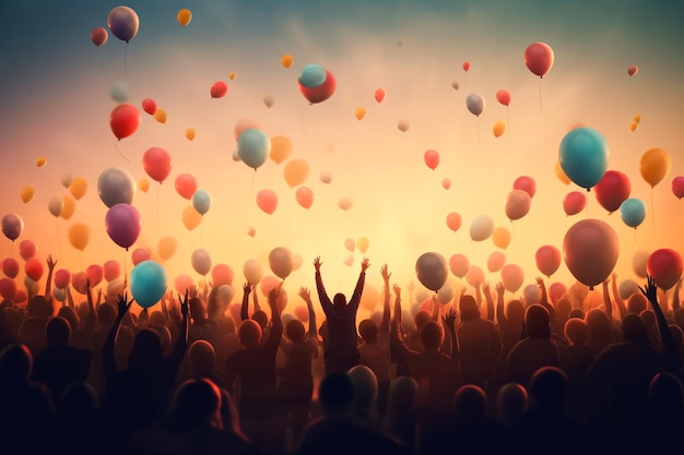 A crowd of people with balloons in the air