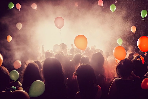 A crowd of people with balloons in front of a lit crowd