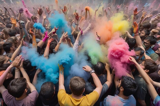 A crowd of people with colored powder in their hands