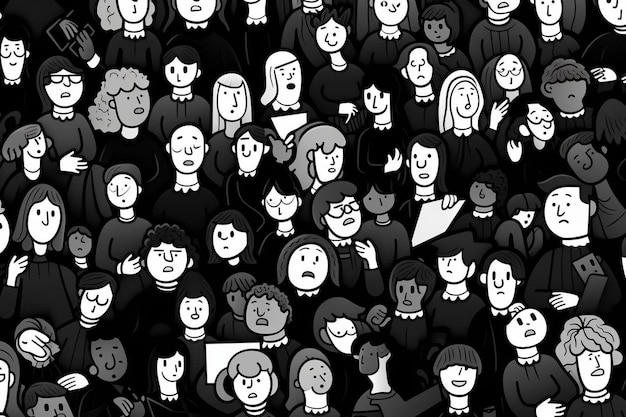 Foto una folla di persone con i volti disegnati in bianco e nero