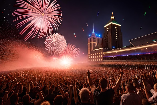 A crowd of people with fireworks in the background