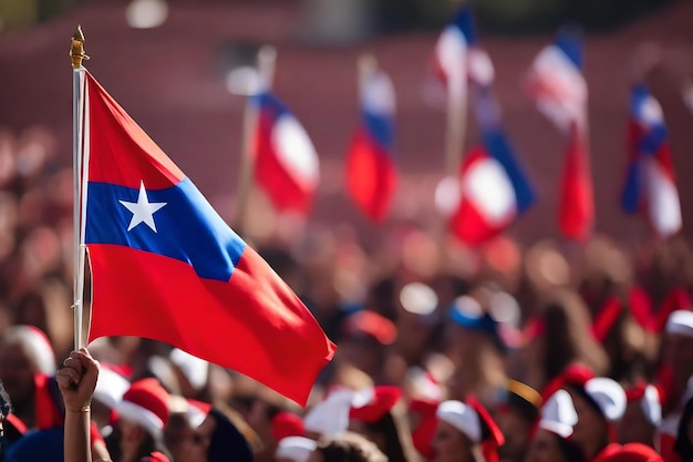 A crowd of people with flags in the background.