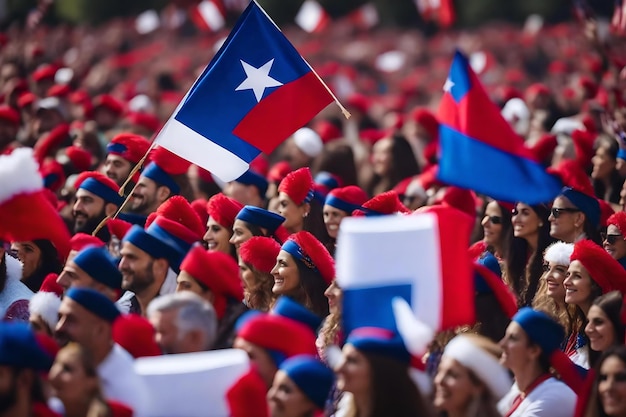 A crowd of people with flags in the middle of the crowd.