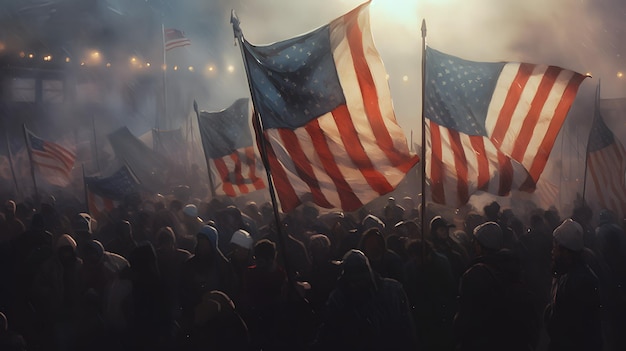 Crowd of people with flags of United States of America in the fog