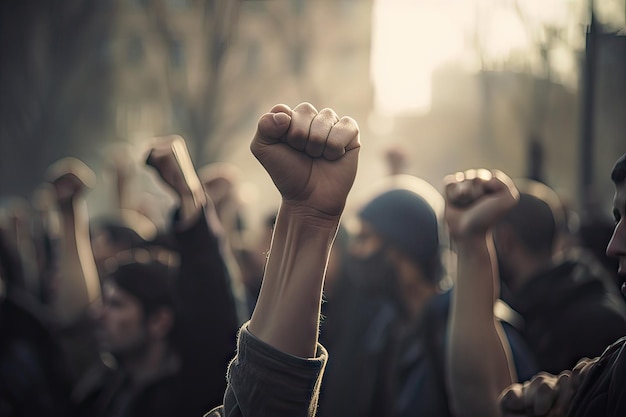 A crowd of people with one hand raised and the other hand is holding the fist up.