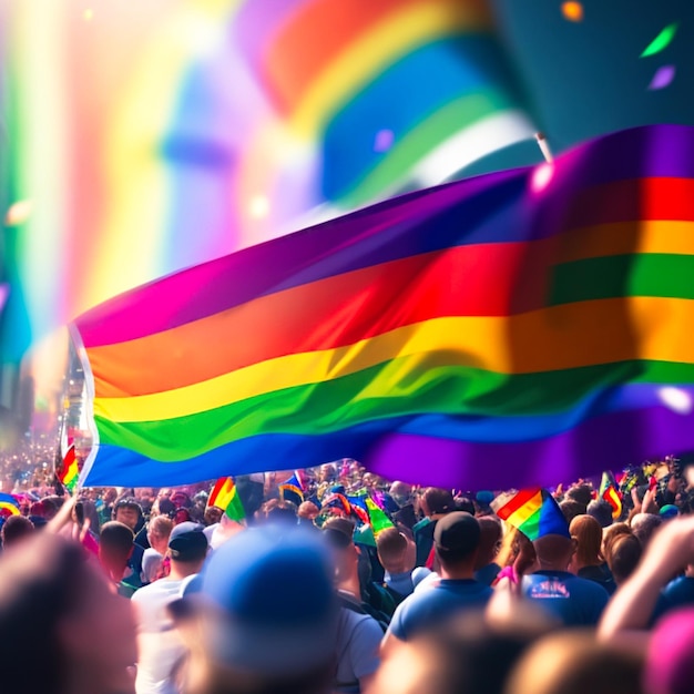 A crowd of people with rainbow flags in the background