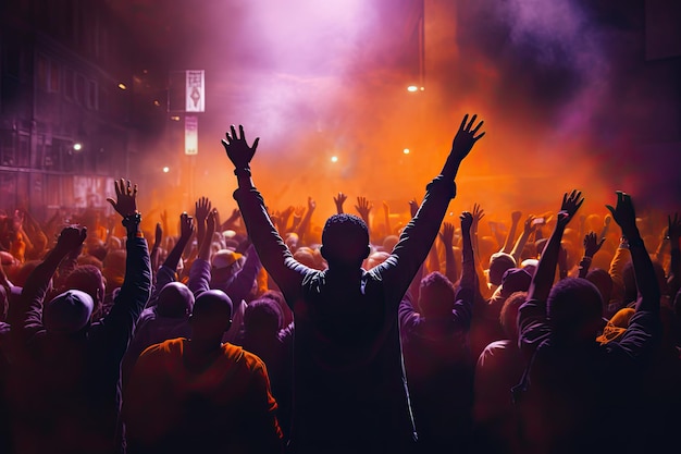 Crowd of people with raised hands at a live music concert