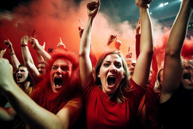 A crowd of people with red hair and red hair are cheering with the words " red " on the front.