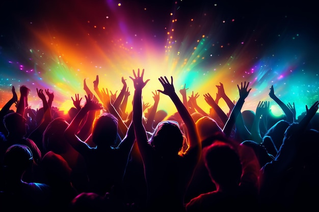 A crowd of people with their arms up in the air with colorful lights on the top.