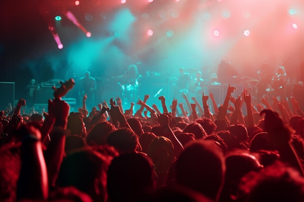 a crowd of people with their hands up in the air the word on the front of the stage